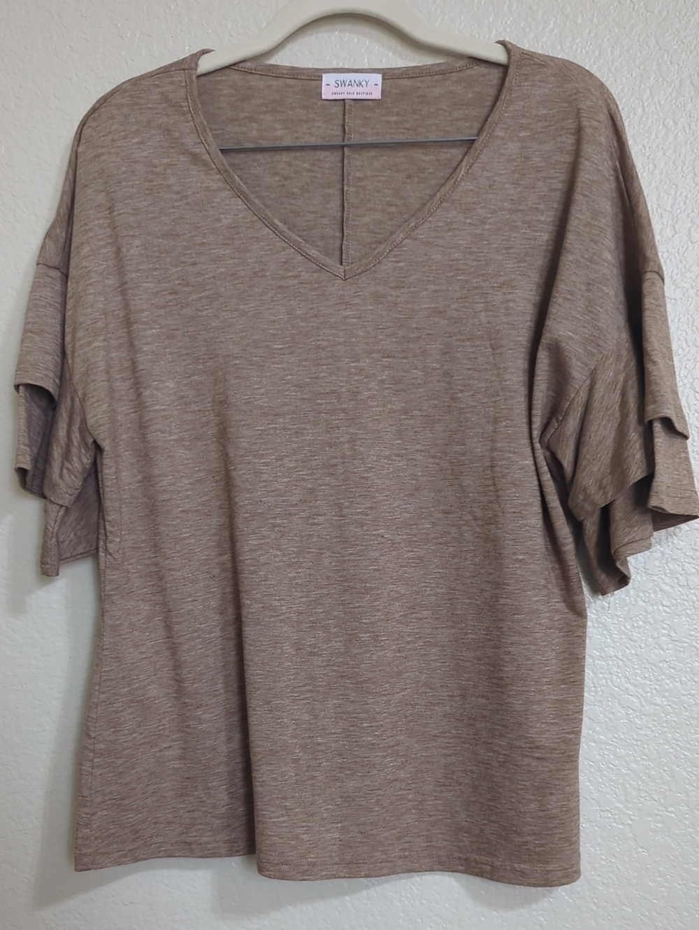 SWANKY Taupe V-Neck Ruffle Sleeve Short-Sleeve Top